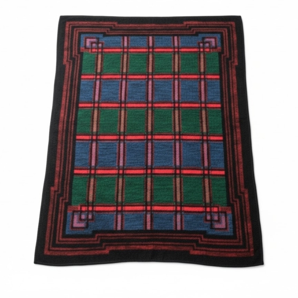 Biederlack Blanket Geometric Tartan Plaid Pattern Vintage 1990s Red Twin 53x78"